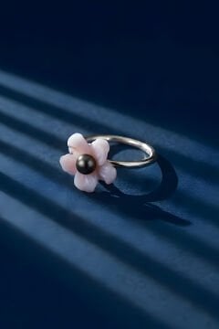 Sedefi Bahar Model Sedef Ve Siyah İnci Taşlı Minimal Kadın Yüzük