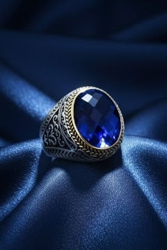 Mavi Zirkon Taşlı Gümüş Erkek Yüzük