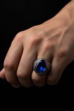 Mavi Zirkon Taşlı Gümüş Erkek Yüzük