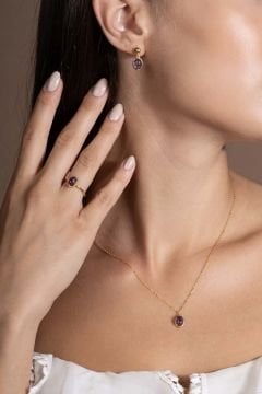 Doğal Ametist Taşlı Minimal Gümüş Kadın Takı Seti Altın Rengi - 9