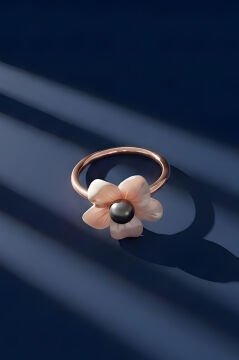 Sedefi Bahar Model Sedef Ve Siyah İnci Taşlı Minimal Kadın Yüzük 8 - Rose Rengi