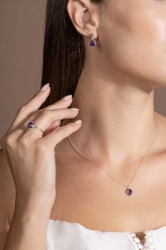 Doğal Ametist Taşlı Minimal Gümüş Kadın Takı Seti Gümüş Rengi - 17