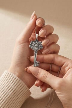 Desenli Anahtar Model Gümüş Kolye