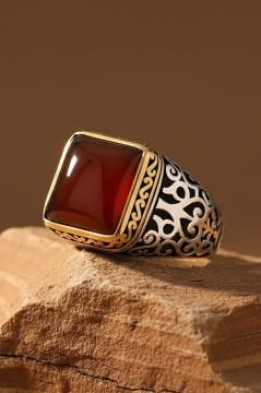 Kare Model Akik Taşlı Gümüş Erkek Yüzük