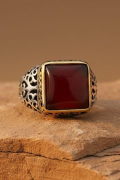 Kare Model Akik Taşlı Gümüş Erkek Yüzük