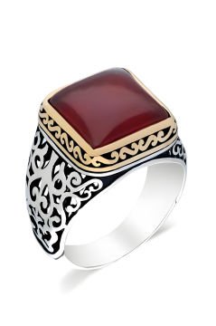 Kare Model Akik Taşlı Gümüş Erkek Yüzük