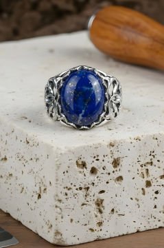 Selçuklu Motifli El İşi Lapis Lazuli Taşlı Gümüş Yüzük