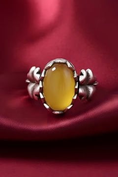 Yonca Model Sarı Akik Taşlı El İşi Gümüş Yüzük