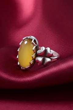 Yonca Model Sarı Akik Taşlı El İşi Gümüş Yüzük