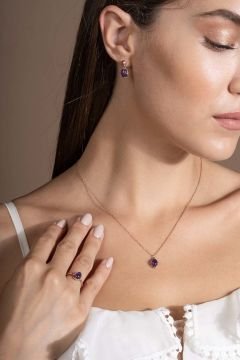 Doğal Ametist Taşlı Minimal Gümüş Kadın Takı Seti Rose Rengi - 9