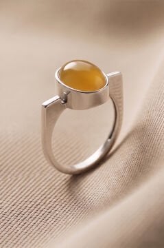 Geometrik Tasarım Sarı Akik Taşlı Kadın Gümüş Yüzük 19 - Gümüş Rengi