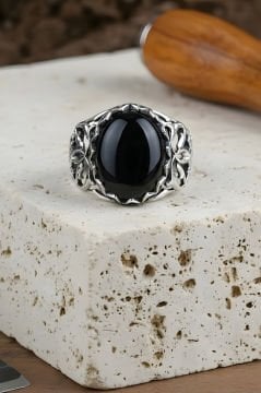 Selçuklu Motifli El İşi Oniks Taşlı Gümüş Yüzük