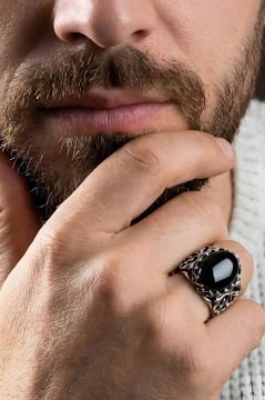 Selçuklu Motifli El İşi Oniks Taşlı Gümüş Yüzük