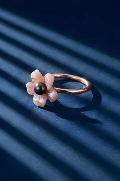 Sedefi Bahar Model Sedef Ve Siyah İnci Taşlı Minimal Kadın Yüzük 13 - Rose Rengi
