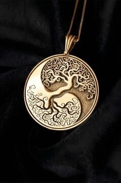Yin Yang ve Hayat Ağacı Model Unisex Gümüş Kolye Altın Rengi