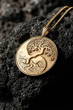 Yin Yang ve Hayat Ağacı Model Unisex Gümüş Kolye Altın Rengi