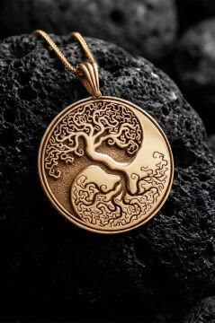 Yin Yang ve Hayat Ağacı Model Unisex Gümüş Kolye Altın Rengi