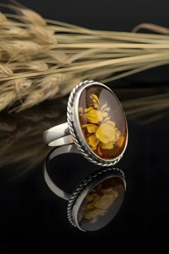 Damla Kehribar İçine Gül Oyma El İşi Gümüş Yüzük