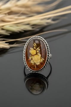 Damla Kehribar İçine Gül Oyma El İşi Gümüş Yüzük