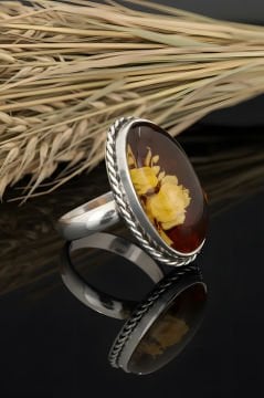 Damla Kehribar İçine Gül Oyma El İşi Gümüş Yüzük