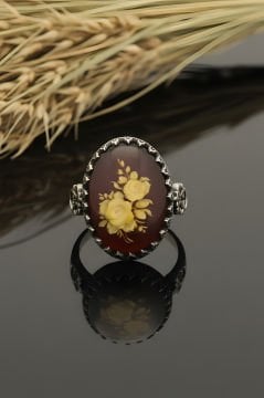 Damla Kehribar İçine Gül Oyma El İşi Gümüş Yüzük