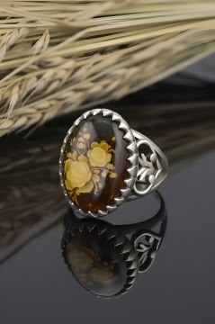 Damla Kehribar İçine Gül Oyma El İşi Gümüş Yüzük