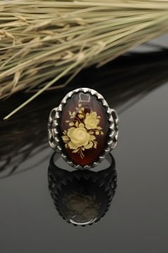 Damla Kehribar İçine Gül Oyma El İşi Gümüş Yüzük