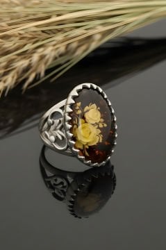 Damla Kehribar İçine Gül Oyma El İşi Gümüş Yüzük