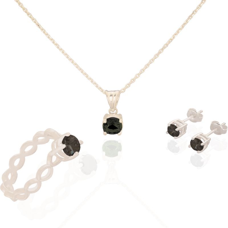 Siyah Renk Zirkon Taşlı Gümüş 3'lü Set