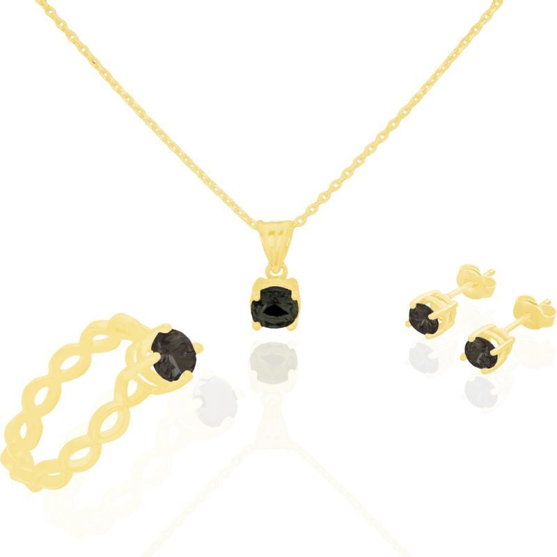 Siyah Renk Zirkon Taşlı Gümüş 3'lü Set