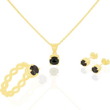 Siyah Renk Zirkon Taşlı Gümüş 3'lü Set