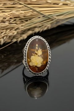 Damla Kehribar İçine Gül Oyma El İşi Gümüş Yüzük