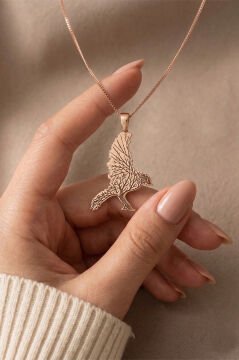 Kuzgun Model Hayat Ağacı İşlemeli Unisex Gümüş Kolye Rose Rengi