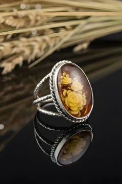 Damla Kehribar İçine Gül Oyma El İşi Gümüş Yüzük