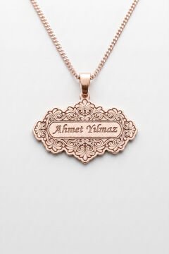 Kişiye Özel İsim İşlemeli Gravür Desen İşlemeli Gümüş Kolye Rose Rengi