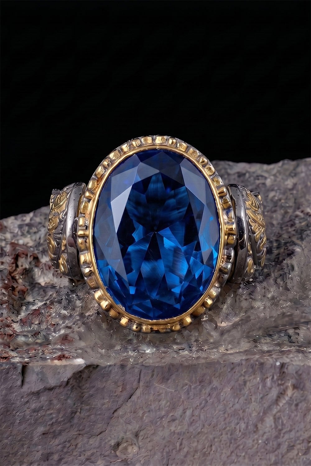 Siyah Rodyum ve Altın Kaplama Premium Seri Safir Renk Zirkon Taşlı Gümüş Yüzük