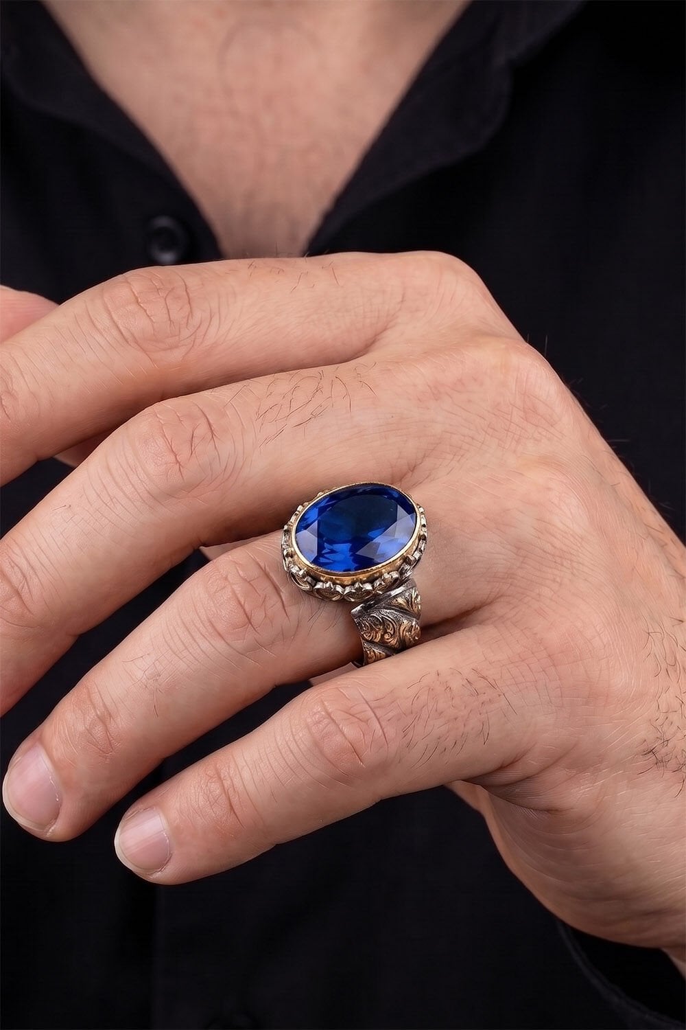 Siyah Rodyum ve Altın Kaplama Premium Seri Safir Renk Zirkon Taşlı Gümüş Yüzük