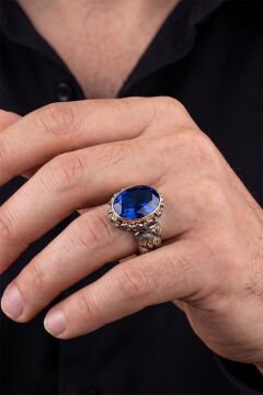 Siyah Rodyum ve Altın Kaplama Premium Seri Safir Renk Zirkon Taşlı Gümüş Yüzük