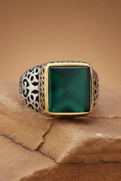 Kare Model Yeşil Akik Taşlı Gümüş Erkek Yüzük