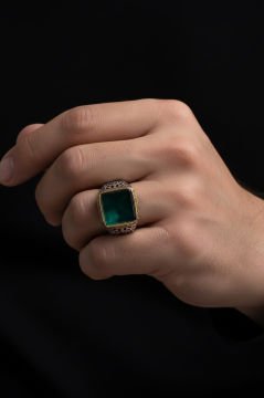 Kare Model Yeşil Akik Taşlı Gümüş Erkek Yüzük