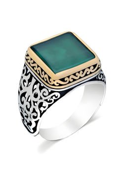 Kare Model Yeşil Akik Taşlı Gümüş Erkek Yüzük