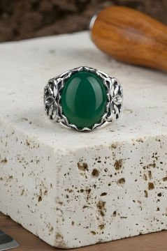 Selçuklu Motifli El İşi Yeşil Akik Taşlı Gümüş Yüzük