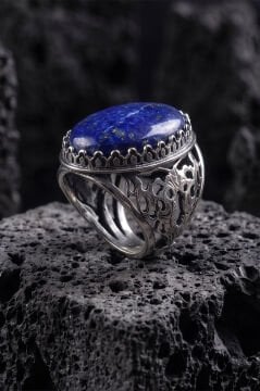 Geleneksel Motifli Doğal Lapis Lazuli Taşlı El İşçiliği Erkek Gümüş Yüzük