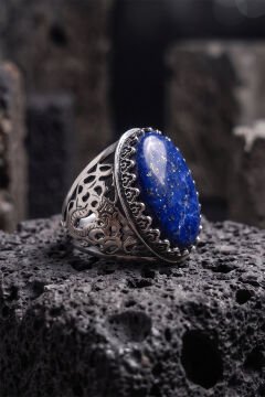 Geleneksel Motifli Doğal Lapis Lazuli Taşlı El İşçiliği Erkek Gümüş Yüzük