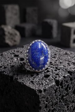 Geleneksel Motifli Doğal Lapis Lazuli Taşlı El İşçiliği Erkek Gümüş Yüzük