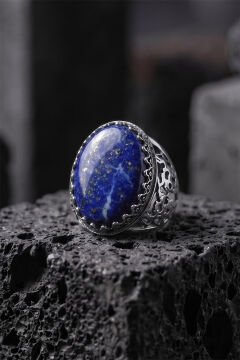 Geleneksel Motifli Doğal Lapis Lazuli Taşlı El İşçiliği Erkek Gümüş Yüzük