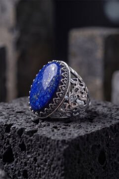 Geleneksel Motifli Doğal Lapis Lazuli Taşlı El İşçiliği Erkek Gümüş Yüzük