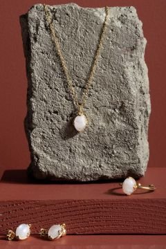 Doğal Ay Taşı Taşlı Minimal Gümüş Kadın Takı Seti Altın Rengi - 11