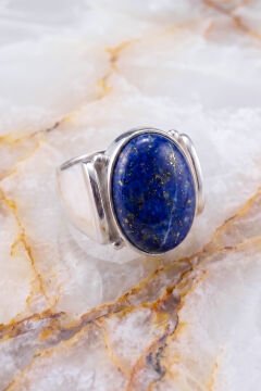 Yalın Model Lapis Lazuli Taşlı Sade Parlak Gümüş Erkek Yüzük