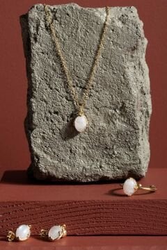 Doğal Ay Taşı Taşlı Minimal Gümüş Kadın Takı Seti Altın Rengi - 13